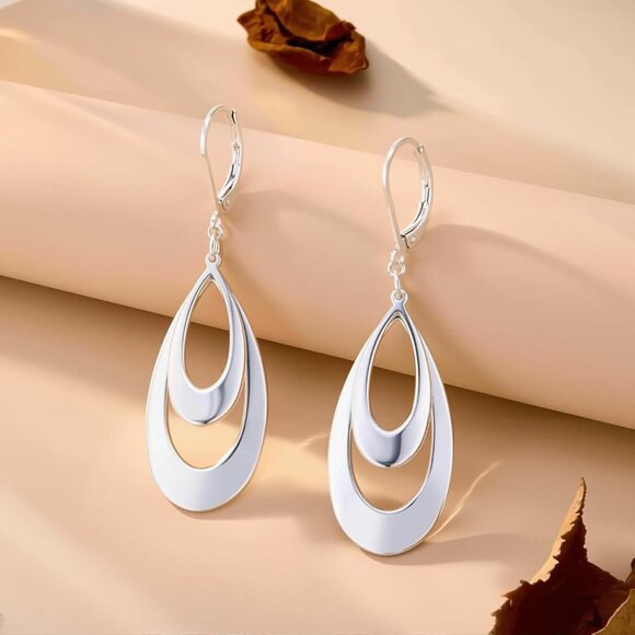 925 Sterling Silver Double Teardrop Leverback Dangle Trendy Earrings for Women - Picture 3 of 6